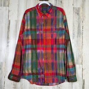 $595 Ralph Lauren Purple Label Multicolor Ikat Plaid Print Shirt‎ Size XL Italy